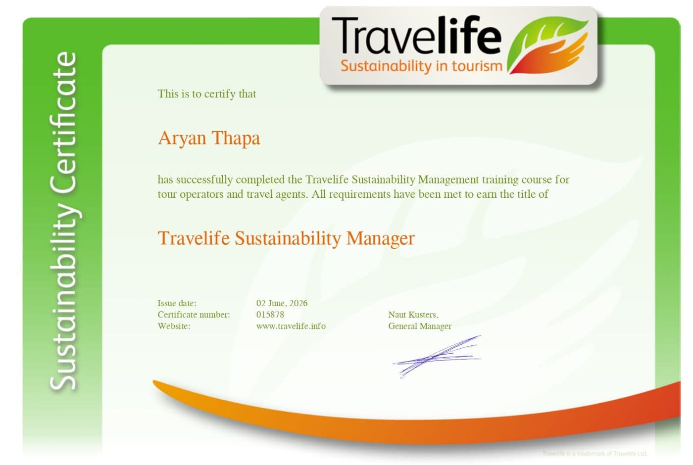 Nepal Hiking Team Aryan Sustainability Certificate