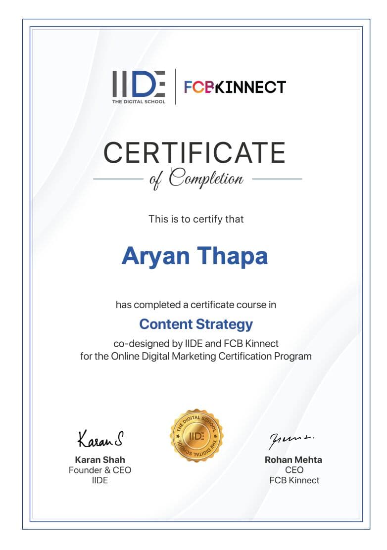 Aryan Thapa Content Strategy Certificate