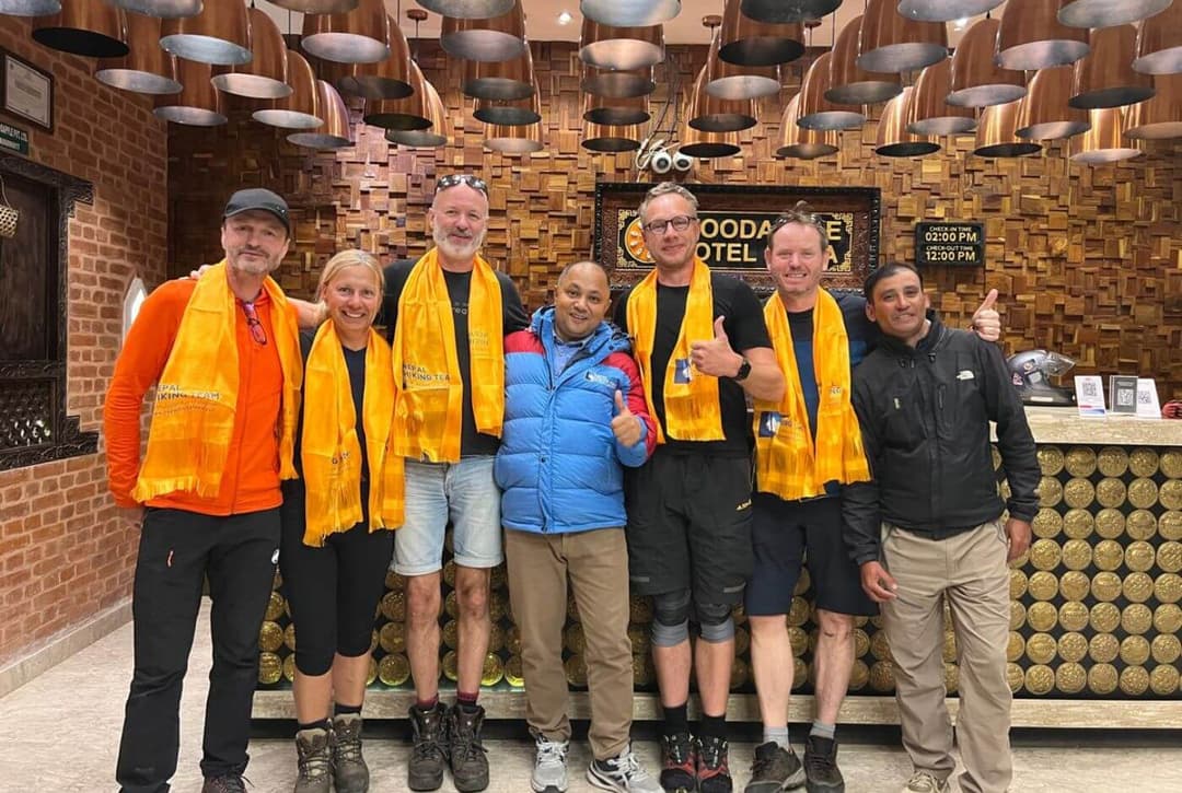 Trekkers and guides during the final farewell after completing the Everest Base Camp trek in Kathmandu.