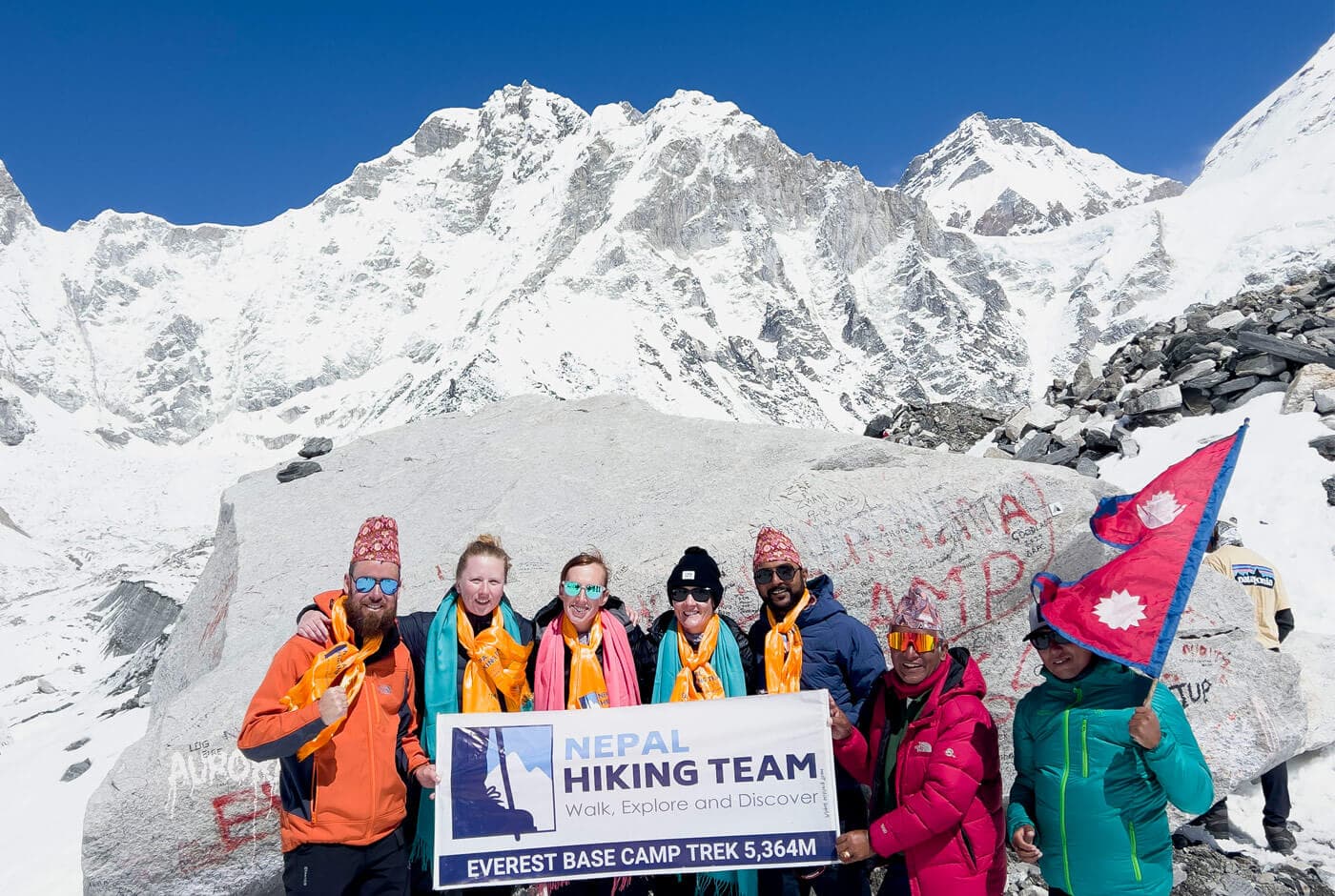 Everest Base Camp rock marker at 5,364 meters on the Everest Base Camp trek in the Khumbu Glacier area.