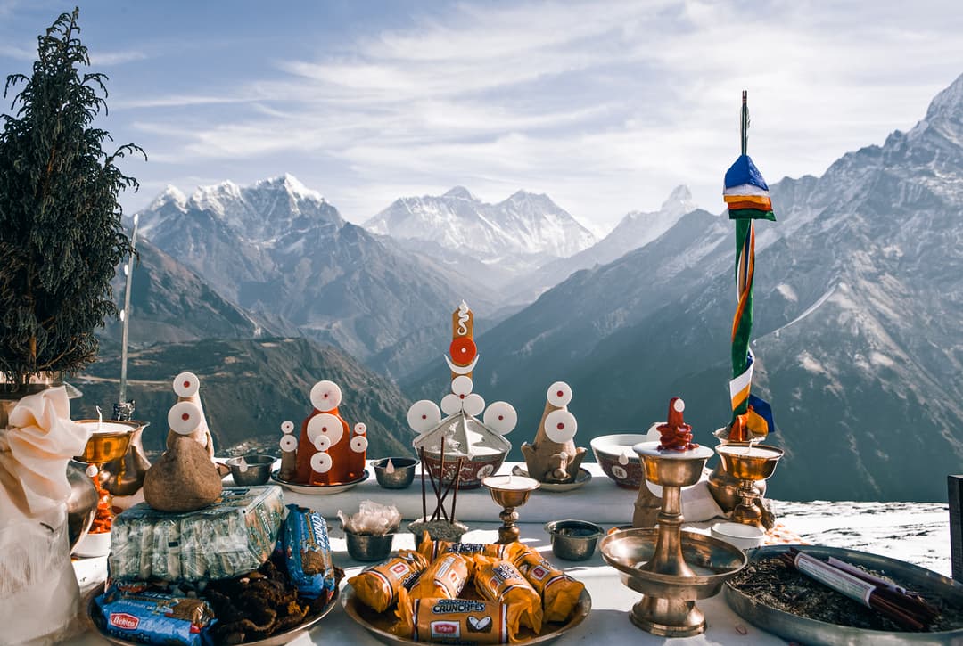 Traditional Puja Offering Table At Kongde With Panoramic Views Of Everest And Himalayan Peaks