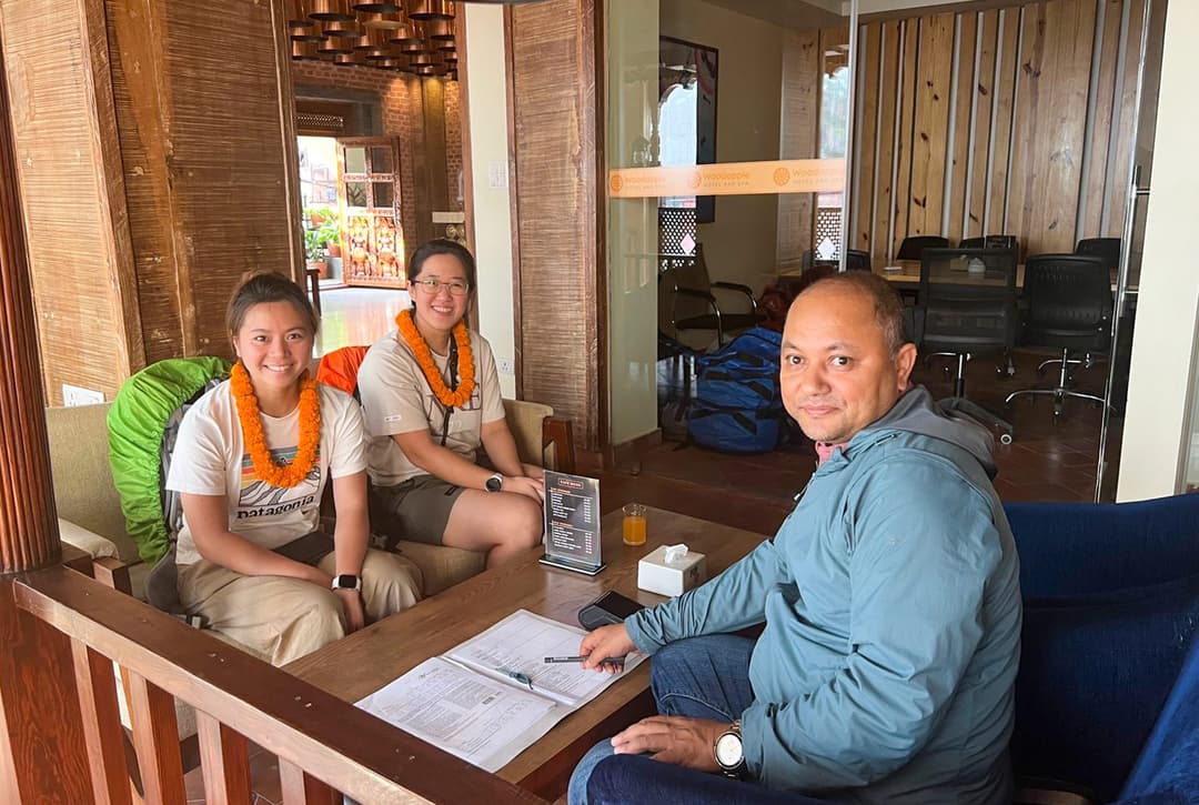Trekkers completing trip briefing and document checks for the Everest Base Camp trek in Kathmandu with Nepal Hiking Team.