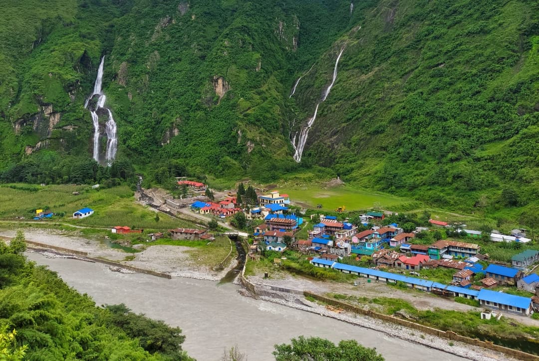 Tal Village in Manang District, Nepal with Waterfalls and Marsyangdi River   Annapurna Circuit Trek
