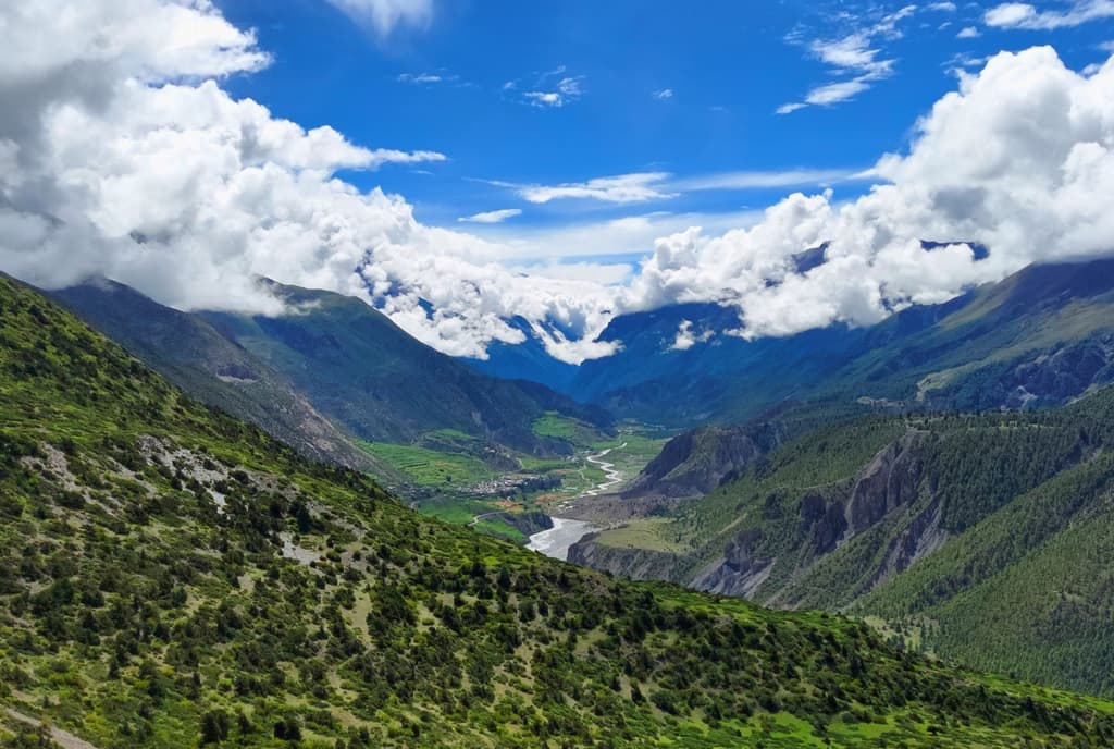 Breathtaking valley and river view near Manang
