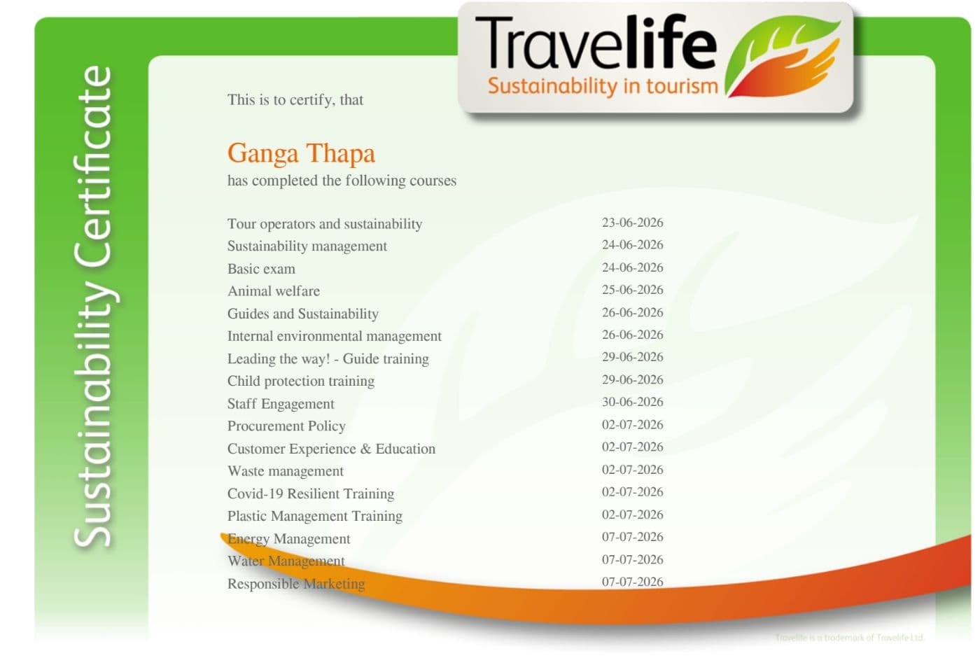 Ganga Thapa Travelife Certification2