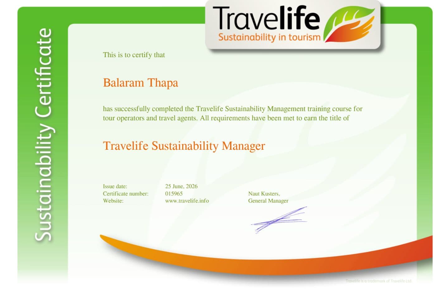 Balram Thapa Travelife Certification1