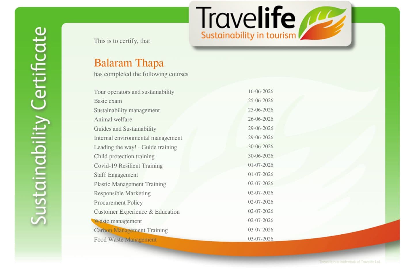 Balram Thapa Travelife Certification2