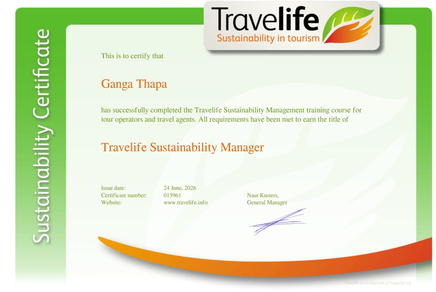 Ganga Thapa Travelife Certification1