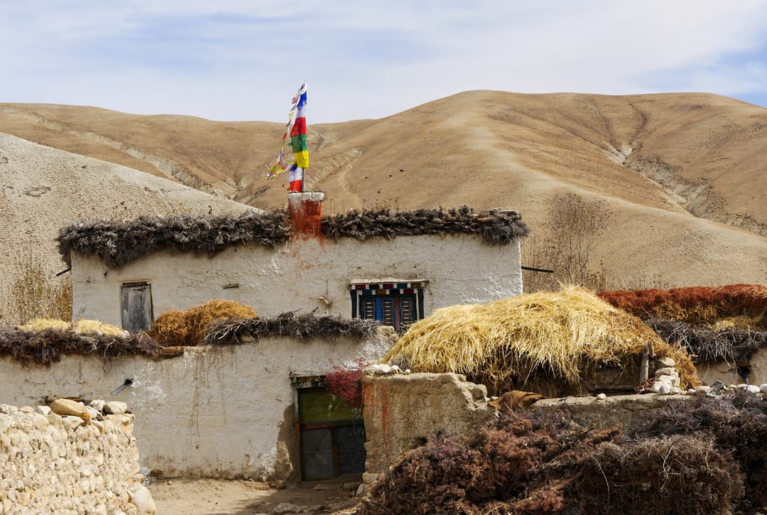 Traditional Tibetan Style Mud Brick Houses With Prayer Flags In Tingkhar Village Near Lo Manthang
