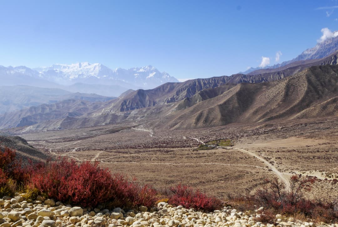 Panoramic View Of Ghami Valley With Annapurna And Nilgiri Peaks In The Background On The Upper Mustang Trek Nepal
