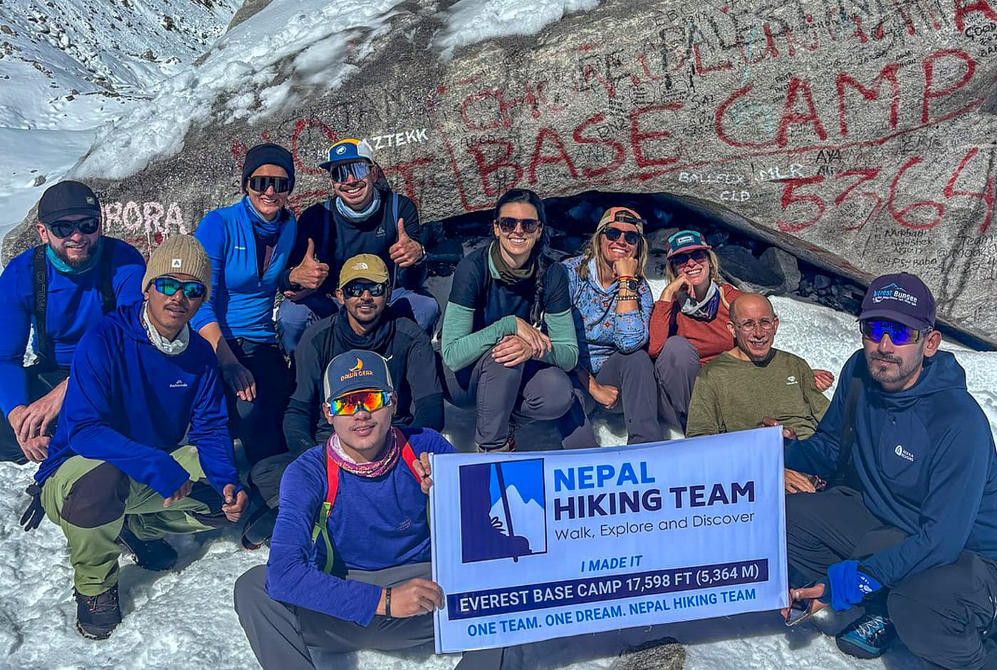 Trekkers at Everest Base Camp with Nepal Hiking Team guide support